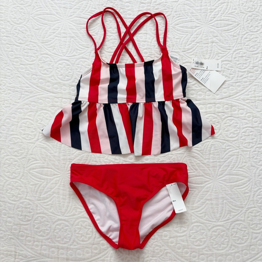 Old Navy Girls' Peplum Tankini Swim Set, Red/White/Blue Sz M